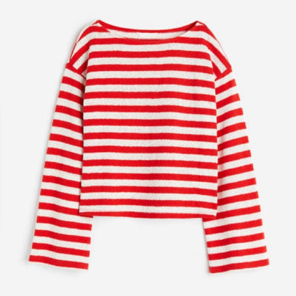 H&M Red and White Textured Striped Boxy fit Sweater Top size XS